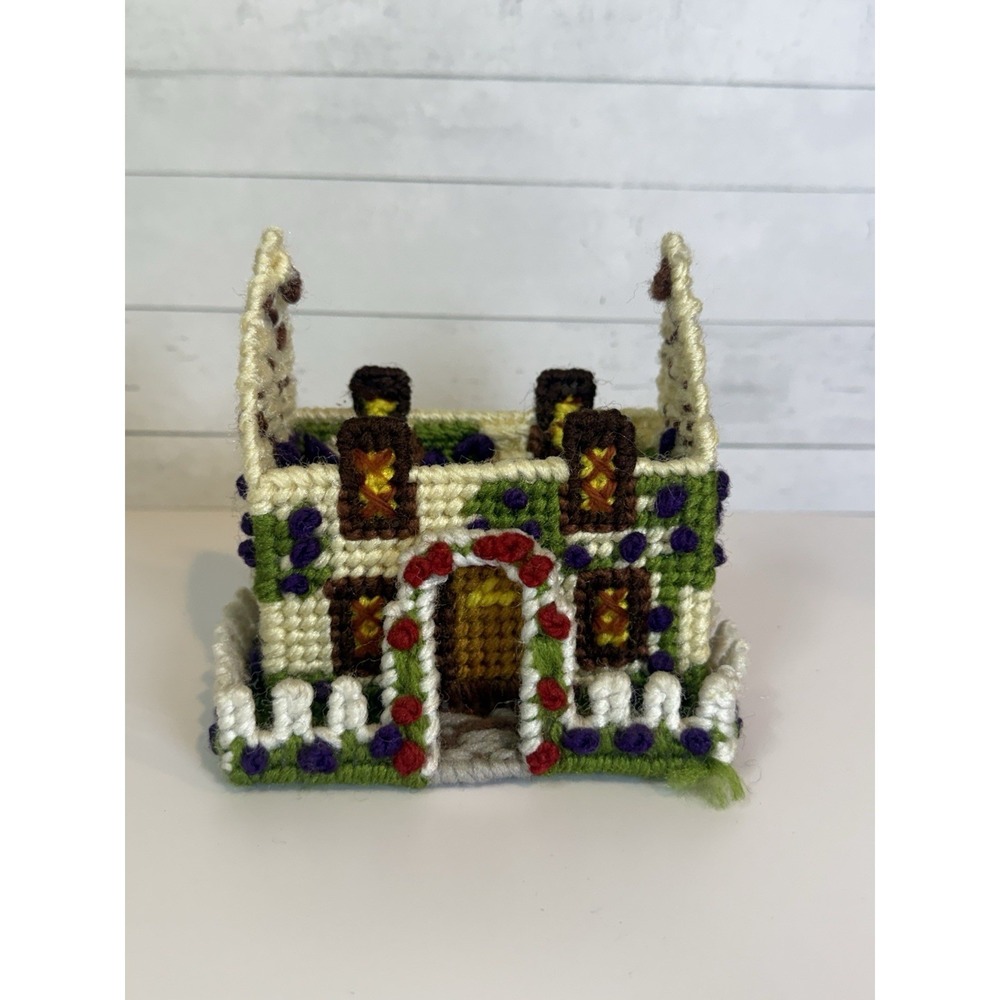 Vintage Plastic Canvas Yarn House Pen Holder Desk Organizer Handmade Needlepoint